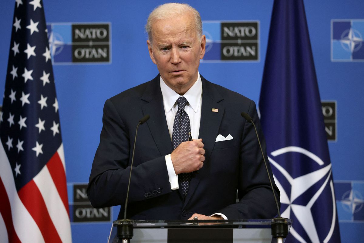 US President Joe Biden addresses media representatives during a press conference  at NATO Headquarters in Brussels on March 24, 2022. (Photo by Thomas COEX / AFP)