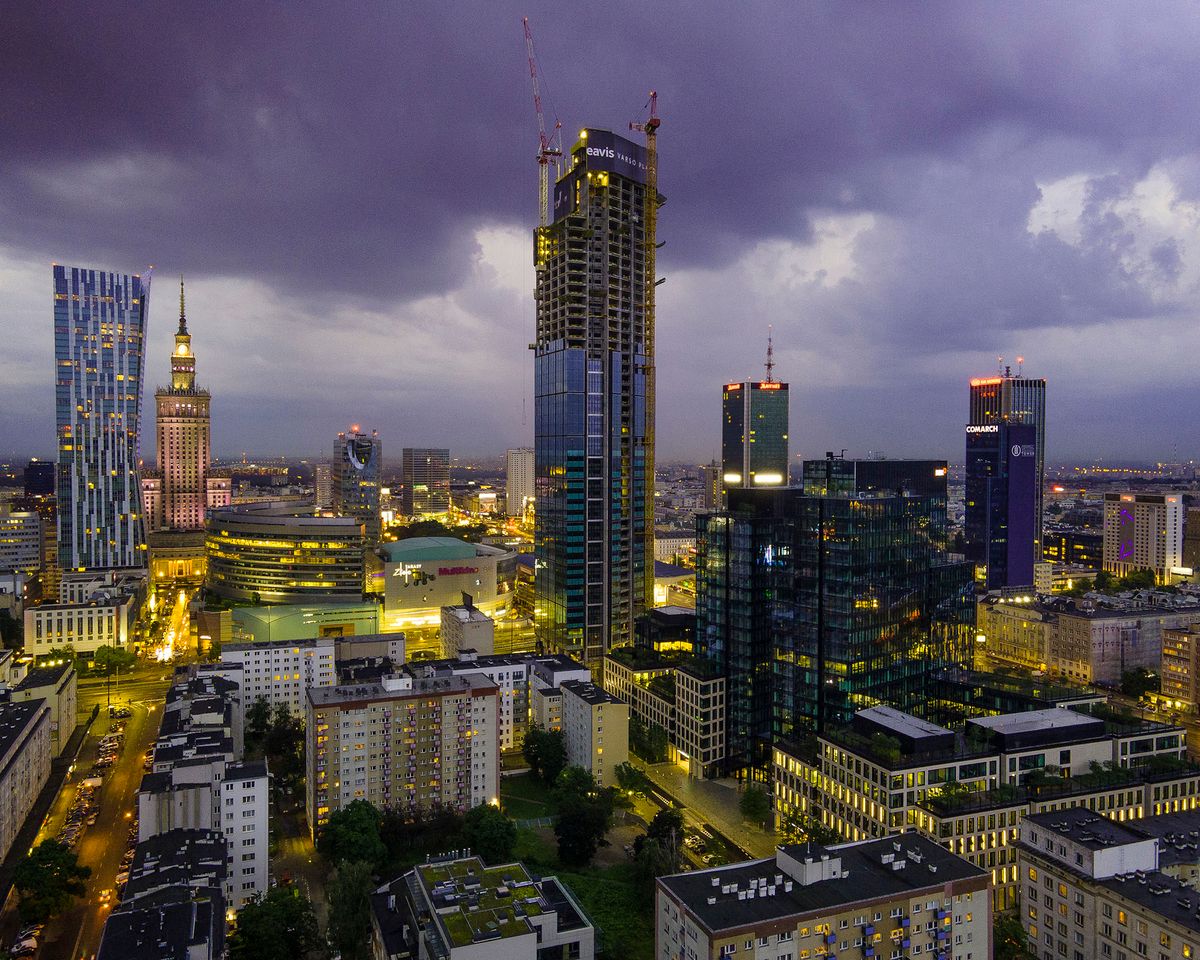The Varso tower is seen under construction on June 19, 2020 in Warsaw, Poland. The Varso tower will be the highest building in Poland and EU upon completion in 2021 rising to 310 meters. (Photo by Jaap Arriens/NurPhoto) (Photo by Jaap Arriens / NurPhoto / NurPhoto via AFP)