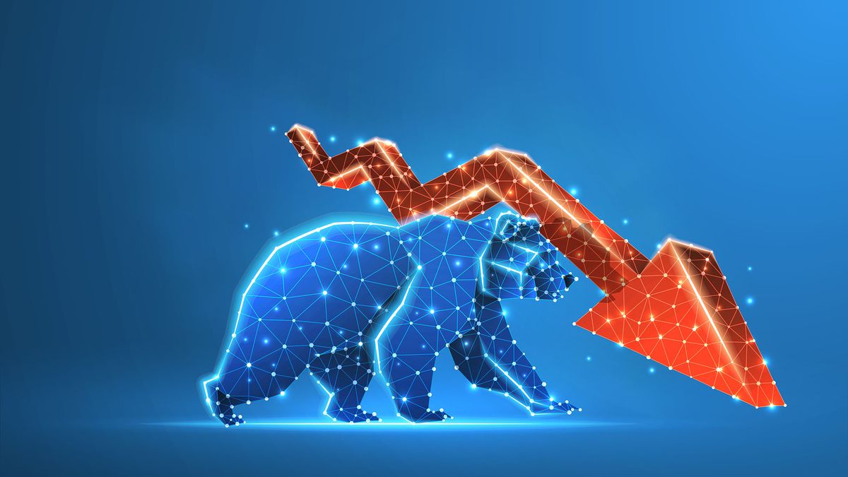 medve piac Bear market trend, red downtrend arrow lefele nyíl. Stock Exchange tőzsde and concept of a trading kereskedés chart. Low poly, wireframe 3d Raster illustration. Abstract polygonal image on blue neon background