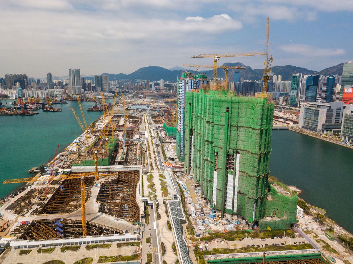 Hong Kong, China, 24 Feb 2022, A drone view of the One Monaco construction site. The project is started by  China Overseas Land &amp; Investment, a troubled mainland developer which ran into financial trouble during the Chinese property crisis started by the troubles of Evergrande. (Photo by Marc Fernandes/NurPhoto) (Photo by Marc Fernandes / NurPhoto / NurPhoto via AFP)