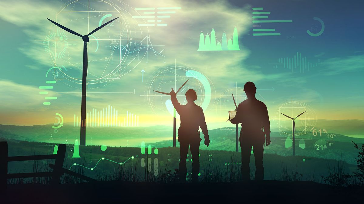 megújulók Engineers are watching over the work of szélturbina szélkerekek szélenergia wind turbines and virtual data. 3D illustration