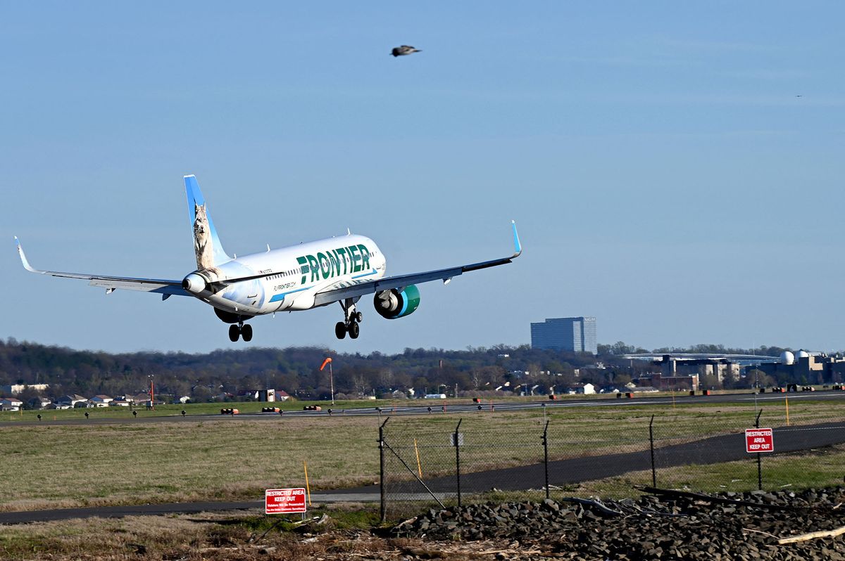 A Frontier Airlines plane approaches the runway at Ronald Reagan Washington National Airport (DCA) in Arlington, Virginia, on April 2, 2022. (Photo by Daniel SLIM / AFP)