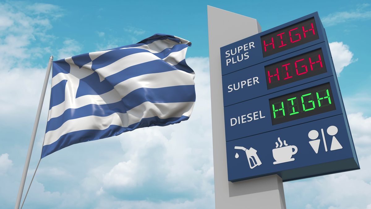 Flag,Of,Greece,And,Gas,Station,Sign,Board,With,Rising