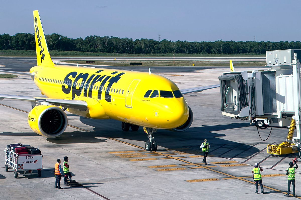 A Spirit airlines Airbus 320 seen at gate in Cancun Internationnal Airport (CUN) in Cancun, Mexico, on November 2, 2021. (Photo by AFP)