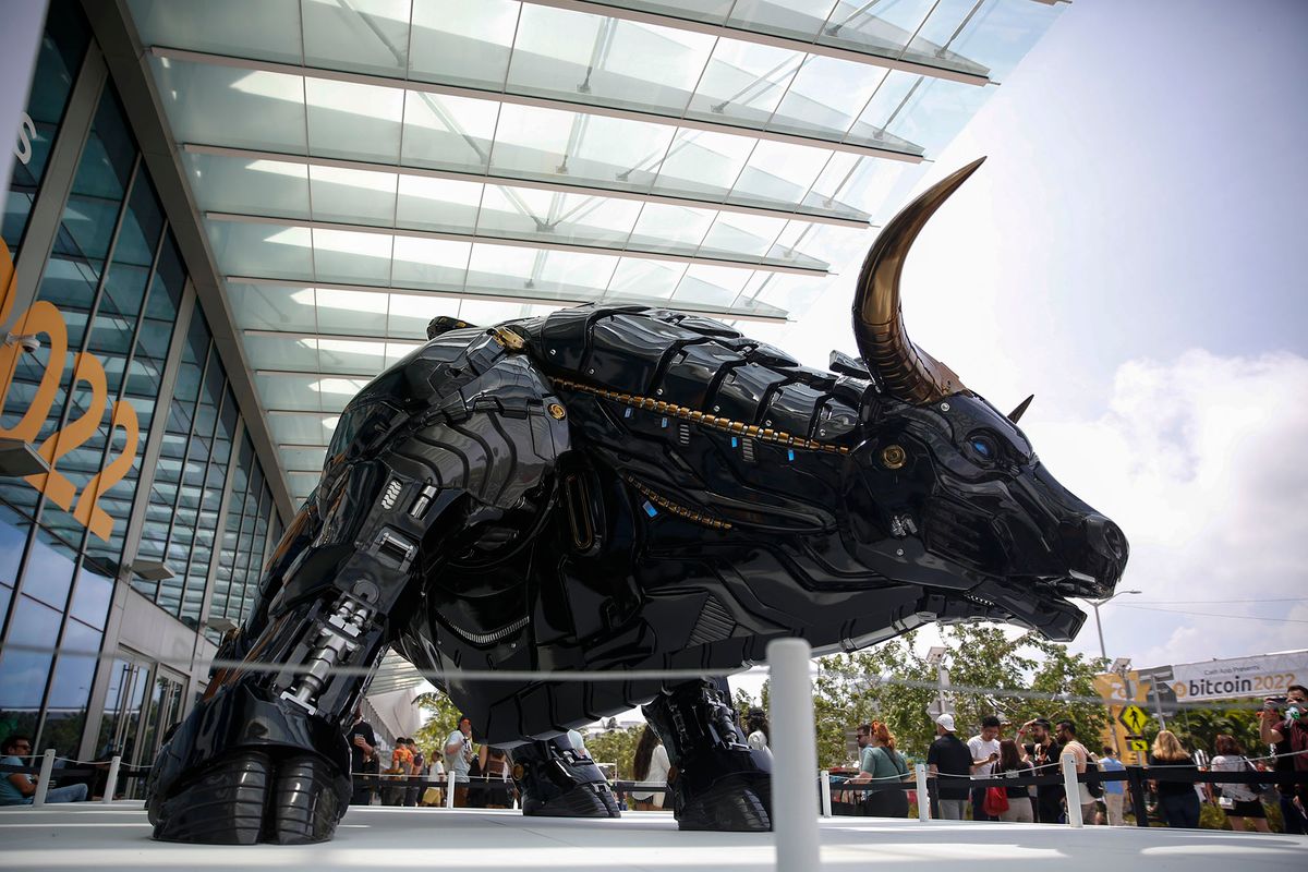MIAMI, FLORIDA - APRIL 7: The Miami Bull is seen during the Bitcoin 2022 Conference at Miami Beach Convention Center on April 7, 2022 in Miami, Florida. The worlds largest bitcoin conference runs from April 6-9, expecting over 30,000 people in attendance and over 7 million live stream viewers worldwide.(Photo by Marco Bello/Getty Images) 1239817439