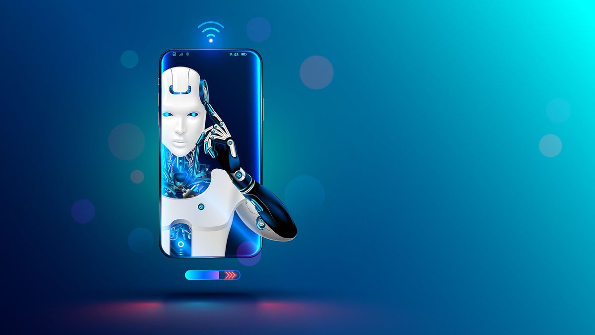 mesterséges intelligencia Artificial intelligence in phone. mobiltelefon Mobile online chat bot in smartphone okostelefon. Cyborg or robot with AI look out of screen phone. Chatbot, internet helper, virtual support of web services. Technology concept.