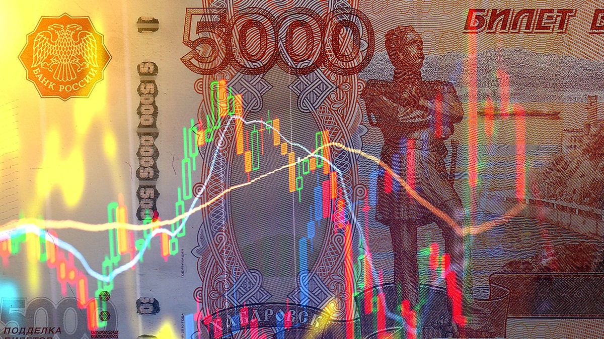koronavírus Coronavirus bankjegy pénz Banknote of orosz rubel Russian rubles on the background of stock charts tőzsde. Concept of gazdasági szankciók Economic Sanctions in Russia oroszország