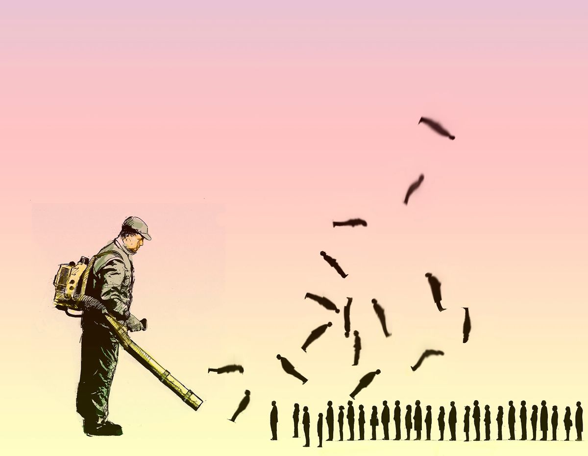 1148108263 Conceptual illustration of a man with a leaf blower blowing away people depicting disposable people.