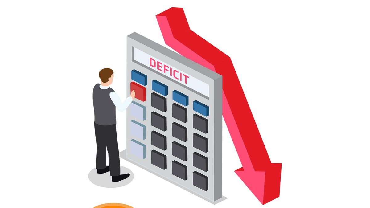 államháztartási hiány Deficit isometric vector concept. Businessman using calculator to calculate financial deficit with declining arrow and coins