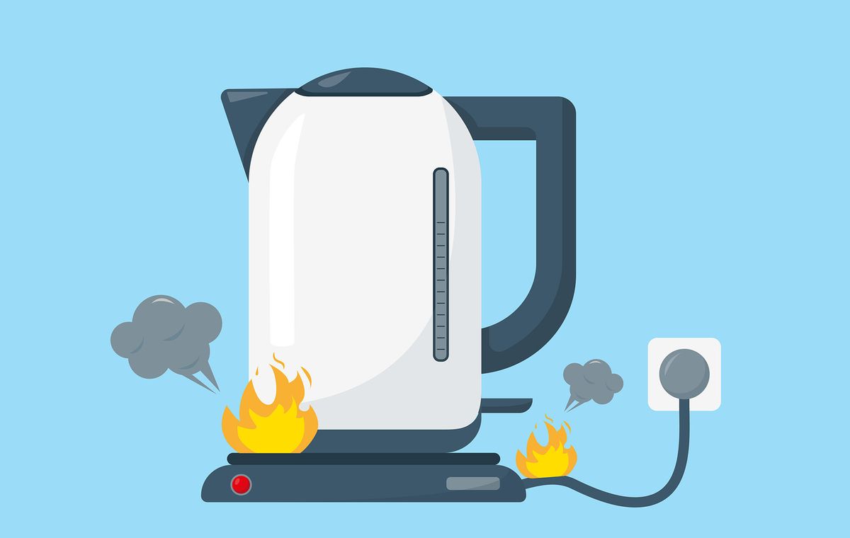 elektromos vízforraló kanna Broken white kettle isolated on blue background. Household appliances with fire and smoke. Vector illustration.