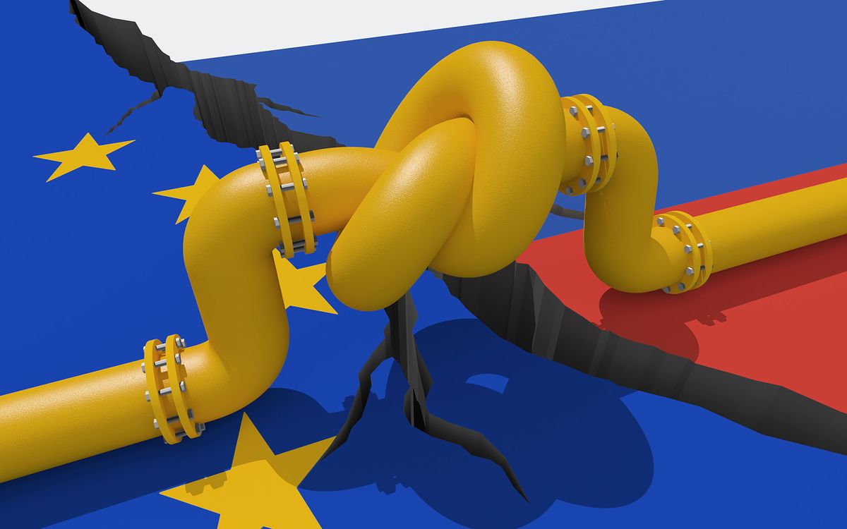 Fuel gas pipeline with a knot on background of European Union and Russian flags. EU industrial economic sanctions. Oil import export from the world fuel trade market restricts. 3D illustration