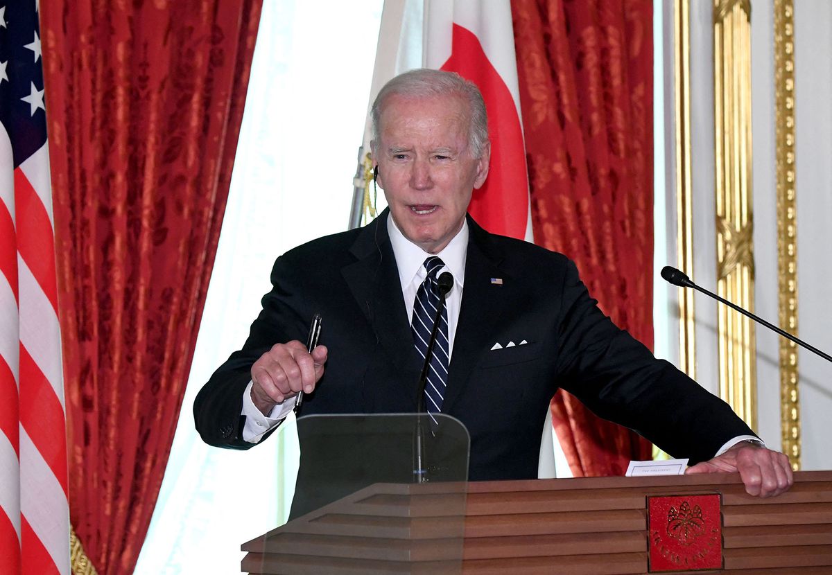 U.S. President Joe Biden attends a joint press conference with Japan's Prime Minister Fumio Kishida after their summit meeting at the State Guest House Akasaka Palace in Tokyo on May 23, 2022.( The Yomiuri Shimbun ) (Photo by Pool for Yomiuri / Yomiuri / The Yomiuri Shimbun via AFP)