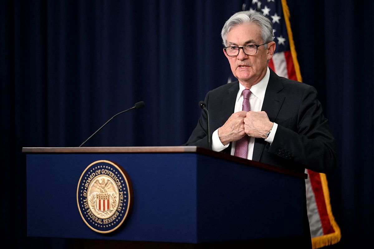 US Federal Reserve Chairman Jerome Powell speaks during a news conference in Washington, DC, on May 4, 2022. - The Federal Reserve on Wednesday raised the benchmark lending rate by a half percentage point in its ongoing effort to contain the highest inflation in four decades. (Photo by Jim WATSON / AFP)
