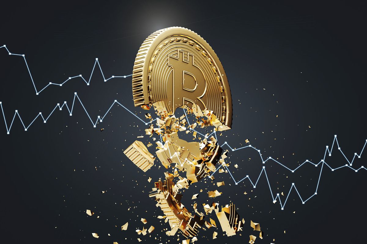 bitcoin zuhanó árfolyam Gold bitcoin falling apart. A graph is crashing it. Concept of a cryptocurrency market crisis. A black background. A side view. 3d rendering mock up