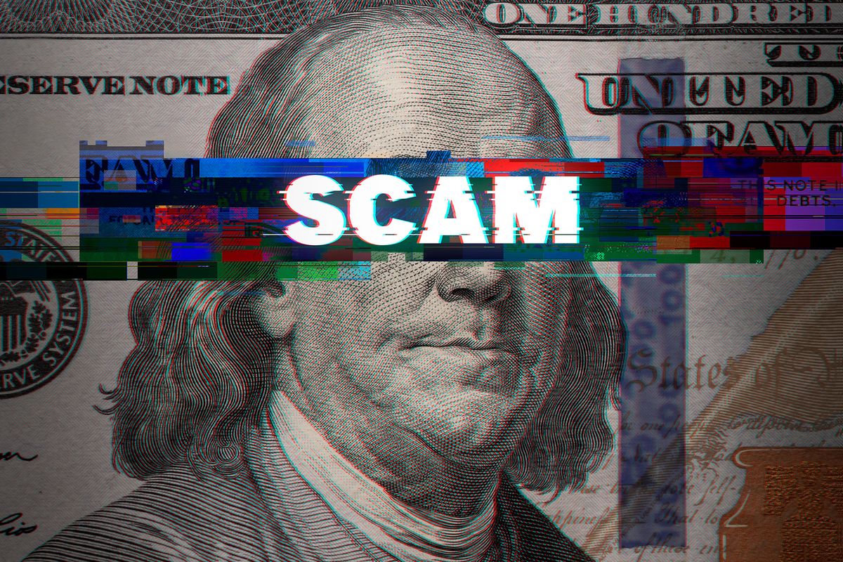 Abstract glitch with word SCAM átverés csalás on 100 Dollar dollár bankjegy bill. Ideas for internetes Online scam, Fraud, Hacker, Black money scam, Cryptocurrency scammers kriptovaluta