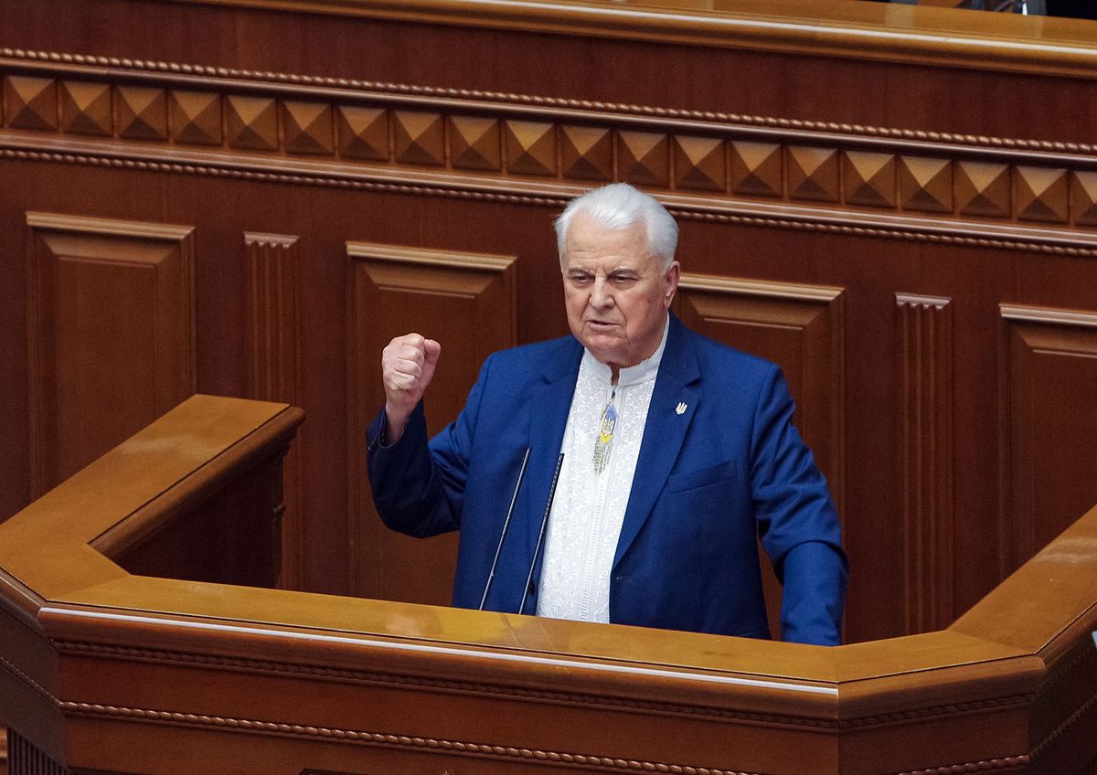 The first president of Ukraine Leonid Kravchuk has a speech during a festive meeting in a Parliamentary Hall in Kyiv, Ukraine, July 16, 2020. About 5 hundred former Members of The First Ukrainian Parliament and acting MPs some of them with their face masks on gathered in one room with President Volodymyr Zelenskyy and Ministers of Government to celebrate the 30th anniversary of Declaration on State Sovereignty of Ukraine (Photo by Sergii Kharchenko/NurPhoto) (Photo by Sergii Kharchenko / NurPhoto / NurPhoto via AFP)