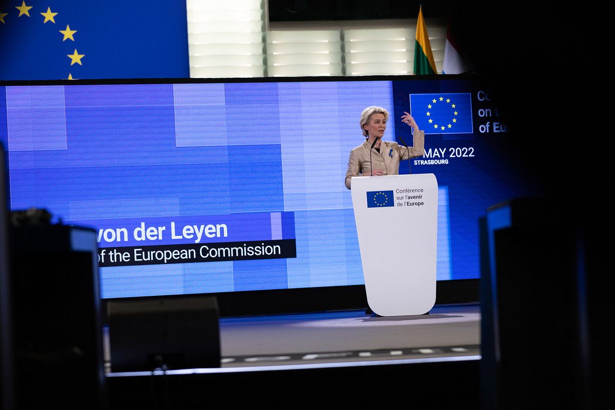 European Commission President Ursula von der Leyen delivers a speech during the Conference on the Future of Europe and the release of its report with proposals for reform, in Strasbourg on May 9, 2022. (Photo by Abdesslam Mirdass / Hans Lucas / Hans Lucas via AFP)