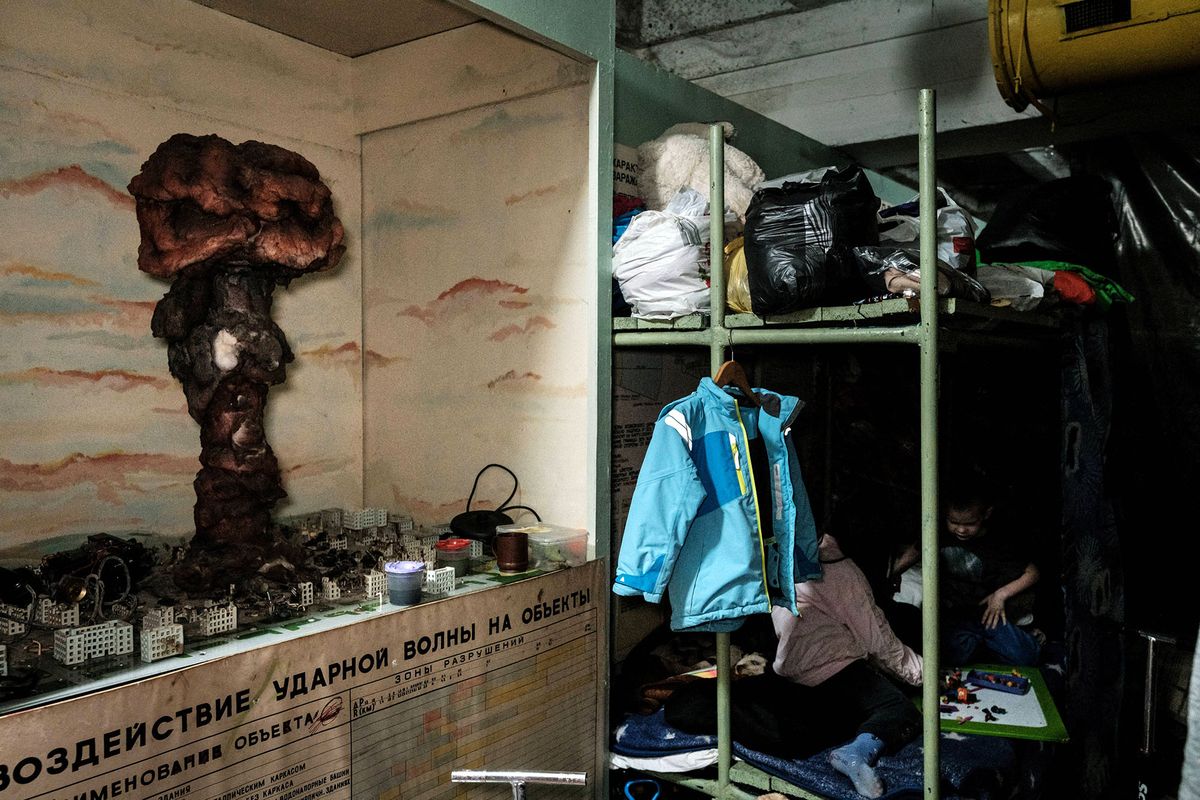 A diorama depicting a nuclear attack is seen in the bunker of Ostchem factory in Severodonetsk, eastern Ukraine, on April 27, 2022, amid Russian invasion of Ukraine. (Photo by Yasuyoshi CHIBA / AFP)
