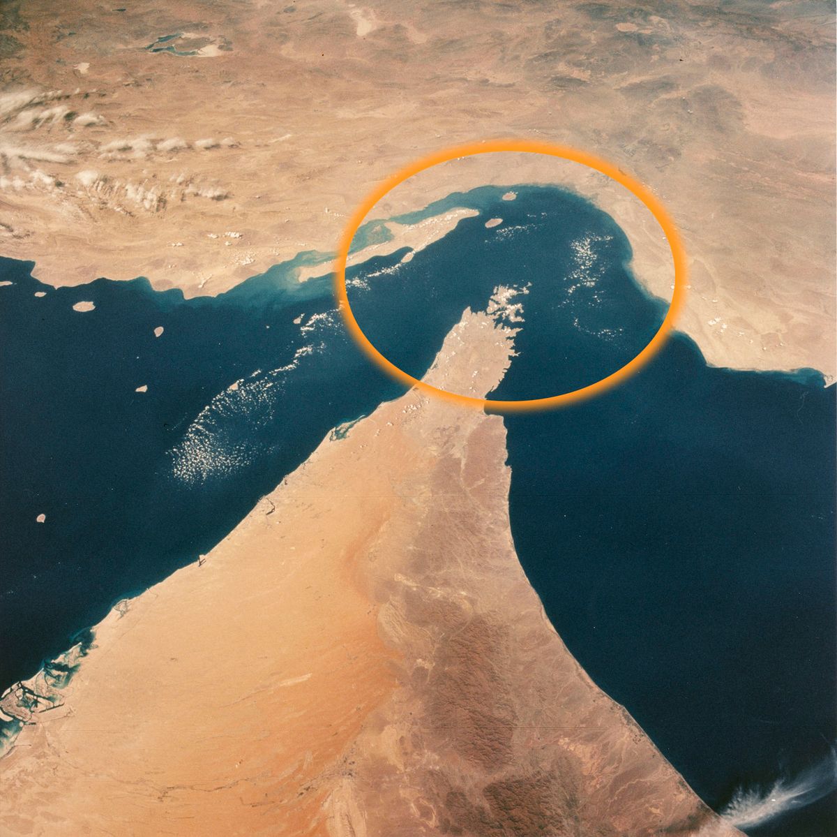 View looking north showing the Strait of Hormuz, connecting the Gulf of Oman with the Persian Gulf, with the Zagros Mountains and Qeshm Island of Iran in the background, and areas of Oman, Muscat and the United Arab Emirates in the foreground, as seen from the Space Shuttle Columbia during shuttle mission STS-52, 22nd October to 1st November 1992. The primary mission objectives of STS-52 are the deployment of the Laser Geodynamics Satellite II (LAGEOS-II), a joint effort between NASA and the Italian Space Agency (ASI), and the operation of the United States Microgravity Payload-1 (USMP-1). (Photo by Space Frontiers/Archive Photos/Hulton Archive/Getty Images) 1332156775