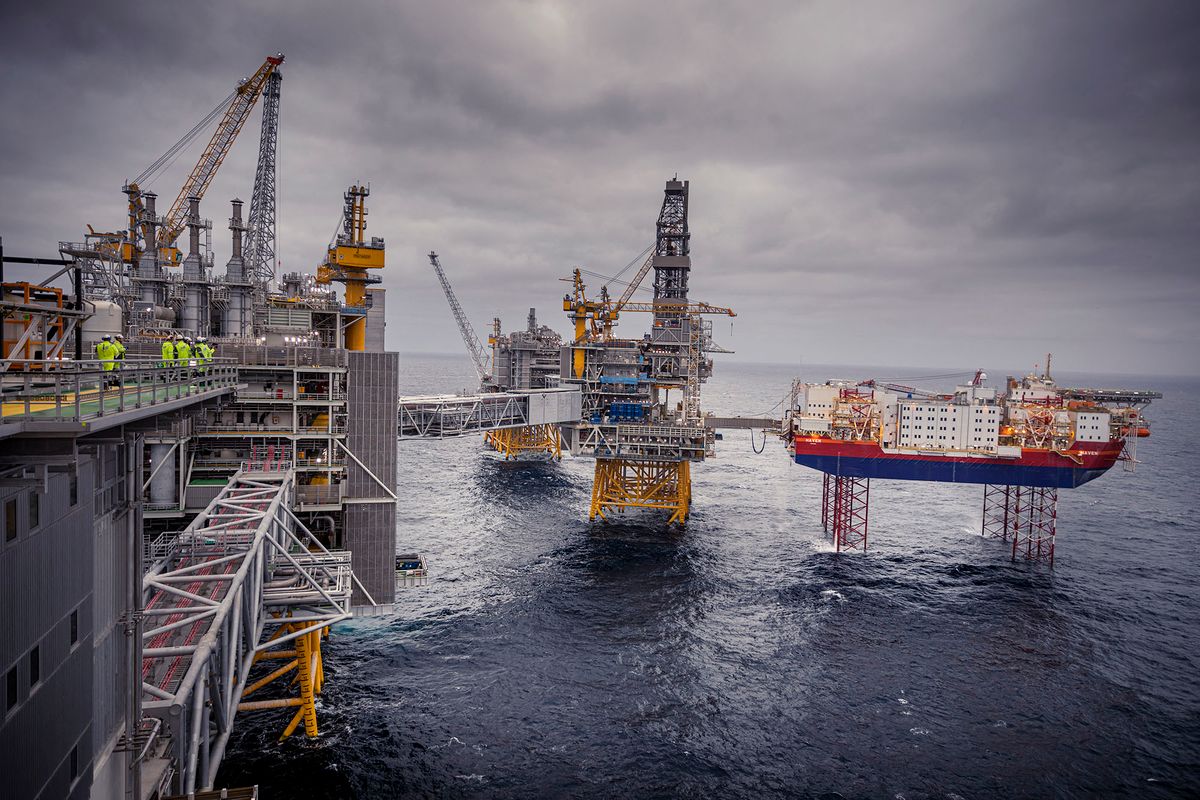 Oil platform "Johan Sverdrup" 14 kilometers offshore the city of Stavamnger, Norway Foto: Lars Lindqvist / DN / TT / Kod: 3520 (Photo by Lars Lindqvist/DN / TT NEWS AGENCY / TT News Agency via AFP)