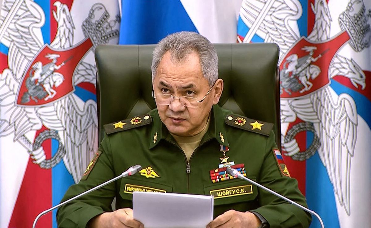 This video grab taken from a handout footage released by the Russian Defence Ministry on April 19, 2022, shows Russian Defence Minister Sergei Shoigu attending a meeting of the collegium of the Ministry of Defence in Moscow. (Photo by Handout / Russian Defence Ministry / AFP) / RESTRICTED TO EDITORIAL USE - MANDATORY CREDIT "AFP PHOTO / RUSSIAN DEFENCE MINISTRY" - NO MARKETING NO ADVERTISING CAMPAIGNS - DISTRIBUTED AS A SERVICE TO CLIENTS