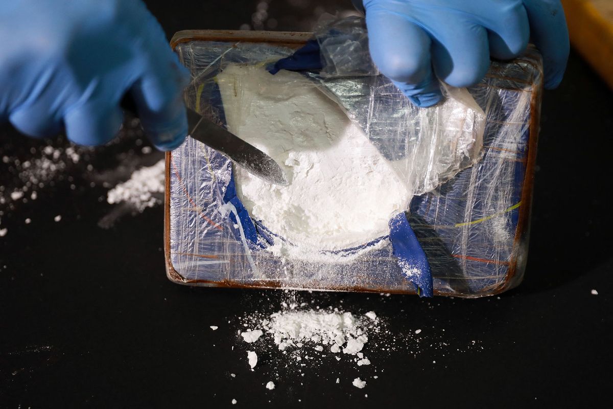 A customs officer presents cocaine from a record haul of 3.8 tons of cocaine at a press conference in Hamburg, Germany, 20 July 2017. German customs say the haul has a street value of around 800 million euros. Photo: Christian Charisius/dpa (Photo by CHRISTIAN CHARISIUS / DPA / dpa Picture-Alliance via AFP)