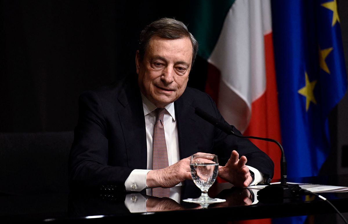 Italian Prime Minister Mario Draghi speaks during a press conference at the Italian Embassy in Washington, DC, on May 11, 2022. (Photo by OLIVIER DOULIERY / AFP)