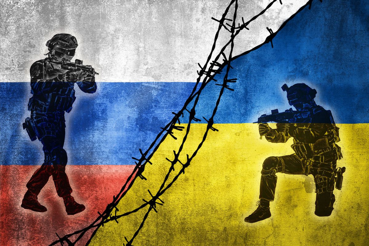 Grunge flags of Russian Federation and Ukraine divided by barb wire with soliders pointing weapon at each other illustration, concept of tense relations between west and Russia