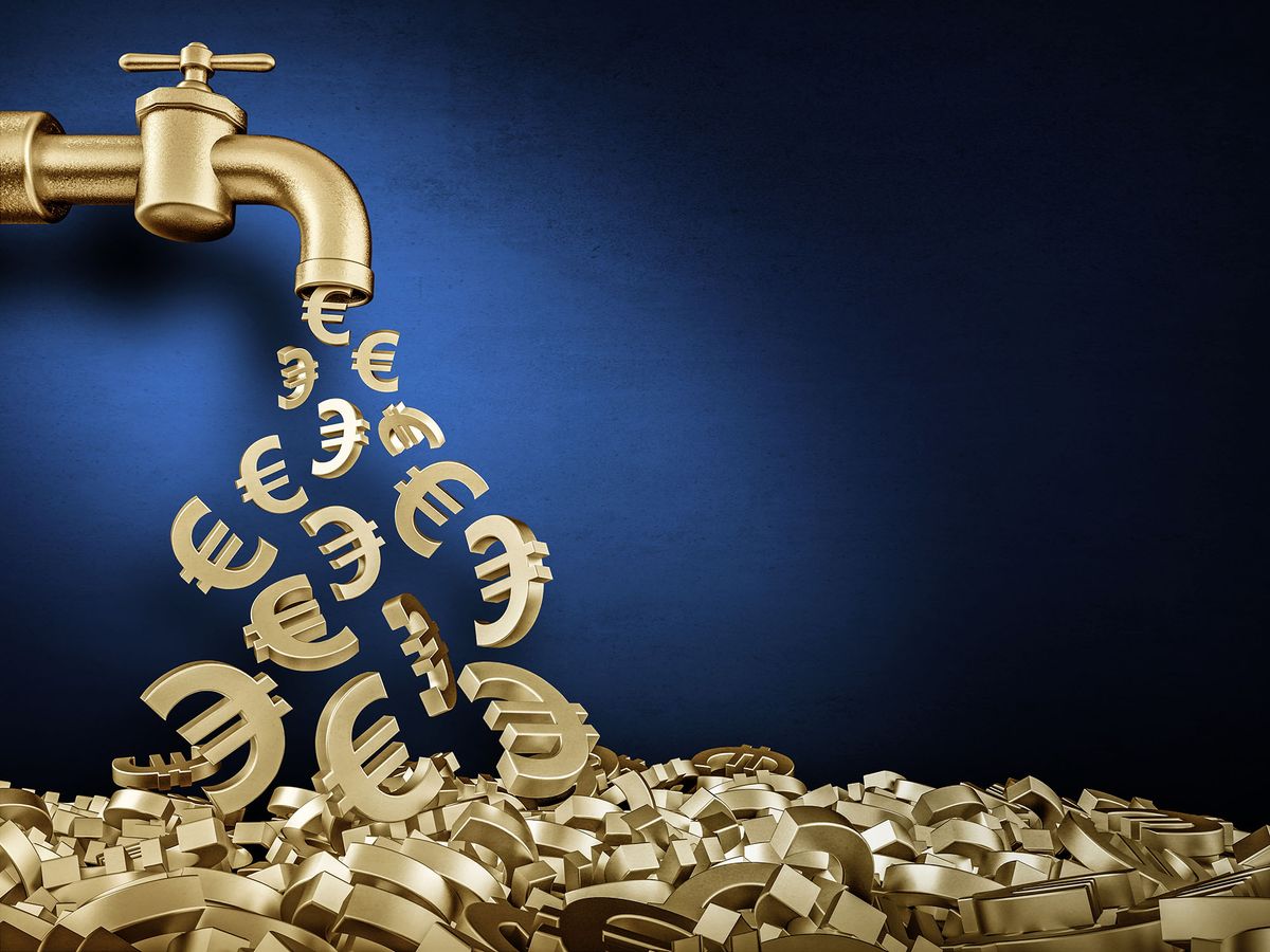 3D-Illustration with a water tap from which money gushes, Euro, Euro signs flow, fall from a water tap 