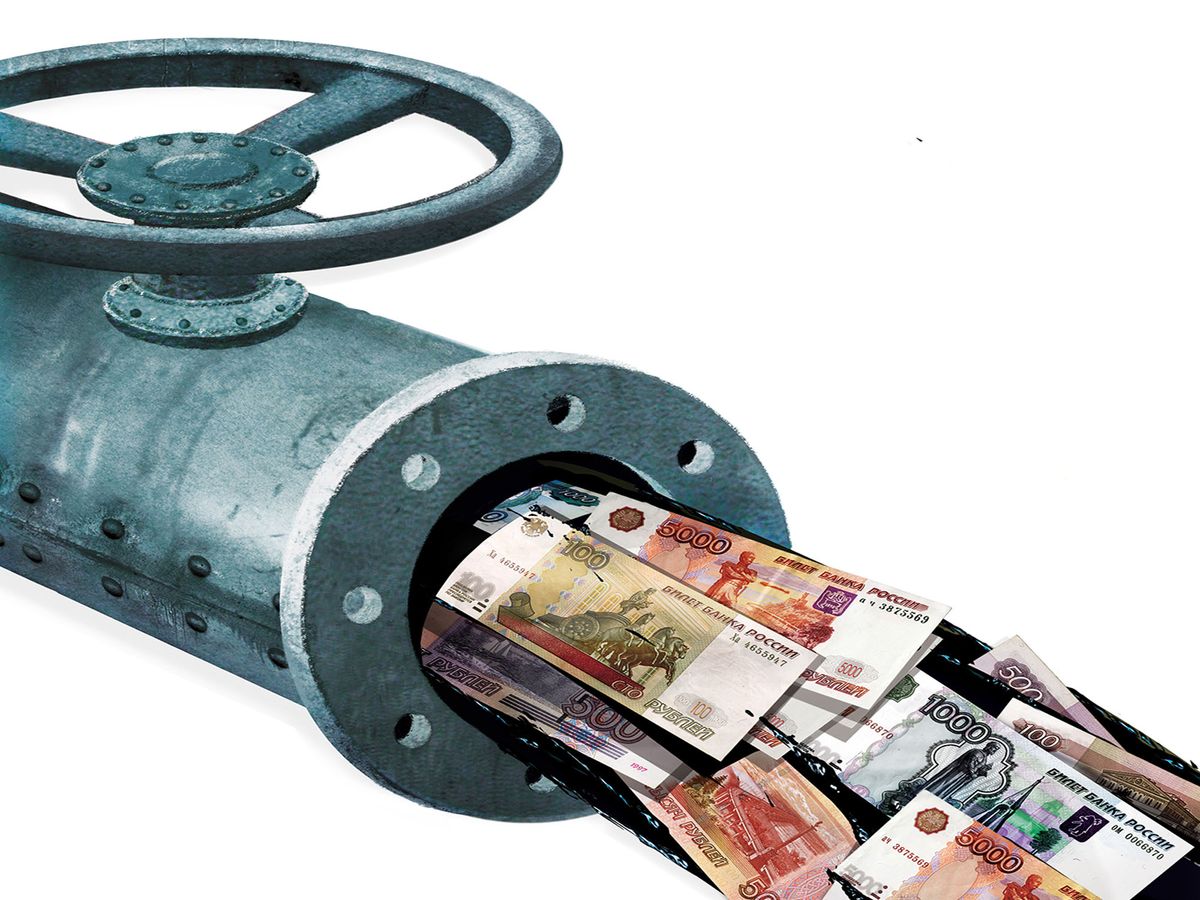 1092725026 Oil revenues. Fragment of a metal pipe with a valve. The flow of leaking oil with paper notes of Russia's Rubles of 1997.  3d render. Isolated on white background.