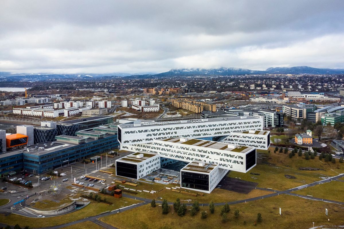 An aerial view taken on February 16, 2022 shows the headquarters of Equinor in Fornebu, Baerum, Norway. - Norway's state-owned energy giant Equinor said on February 28, 2022 it would stop its investments in Russia and pull out of its joint ventures in the country following Moscow's invasion of Ukraine. (Photo by HÂkon Mosvold Larsen / NTB / AFP) / Norway OUT