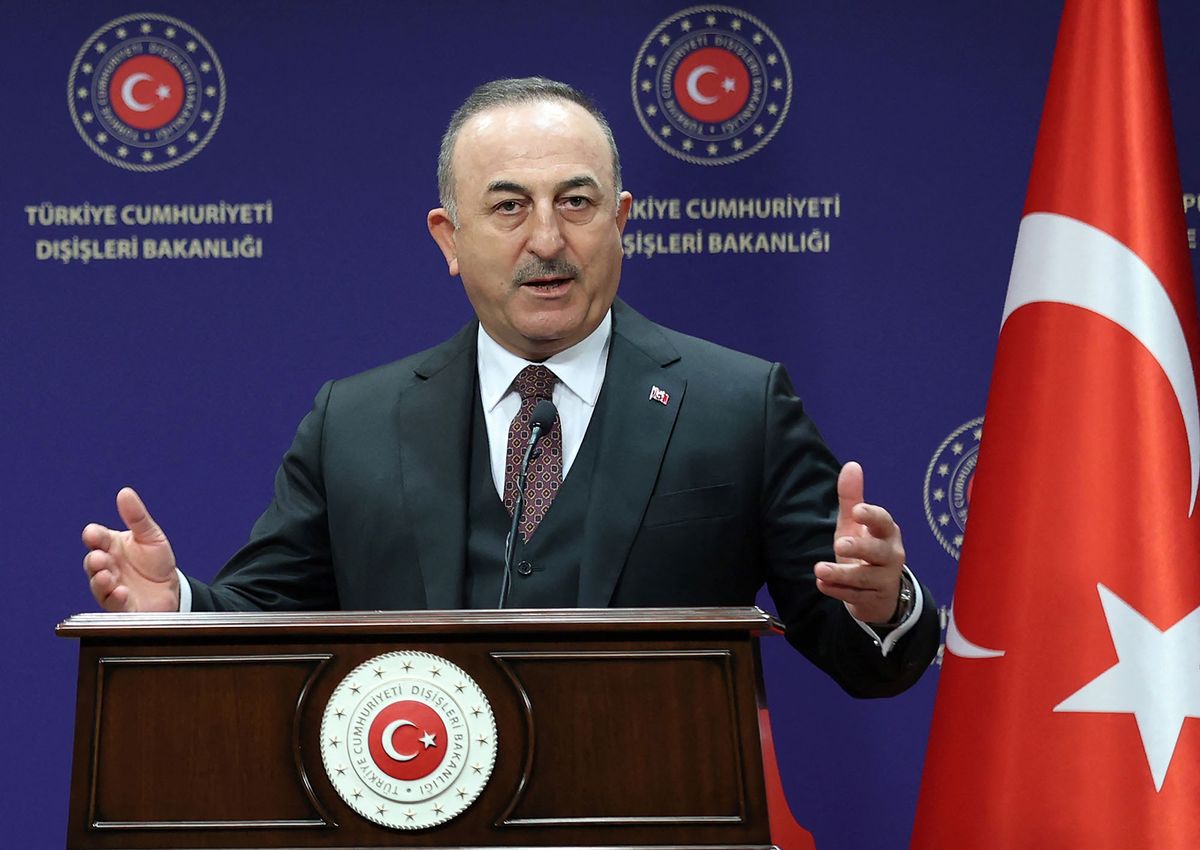 Turkish Foreign Minister Mevlut Cavusoglu gives a press conference following his meeting with Finnish Foreign Minister in Ankara, on February 8, 2022. (Photo by Adem ALTAN / AFP)