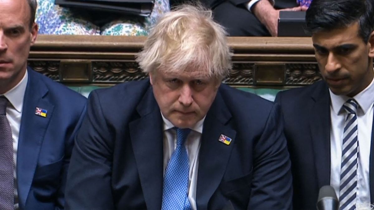A video grab from footage broadcast by the UK Parliament's Parliamentary Recording Unit (PRU) shows Britain's Prime Minister Boris Johnson reacts after apologizing to MPs for the for the "partygate" fine in the House of Commons, in London, on April 19, 2022. - Boris Johnson said April 19, 2022 the British public "had a right to expect better of their prime minister" after he was fined for breaking lockdown laws during a Downing Street party. Addressing parliament for the first time since the April 12 fine, he reiterated that he did not think he had done anything wrong at the time. "That was my mistake and I apologise for it unreservedly," he said. (Photo by PRU / AFP)