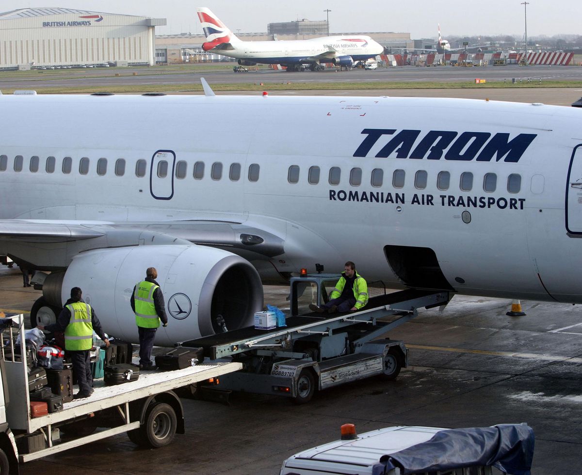 An aircraft belonging to Tarom, the national airline of Romania, at London's Heathrow Airport.   (Photo by Tim Ockenden - PA Images/PA Images via Getty Images) 
