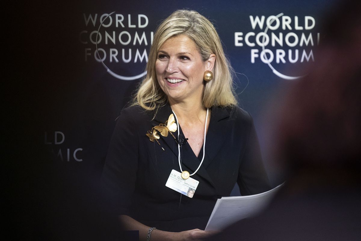 epa09971289 Queen Maxima of the Netherlands addresses a panel session during the 51st annual meeting of the World Economic Forum (WEF) in Davos, Switzerland, 24 May 2022. The forum has been postponed due to the COVID-19 pandemic and was rescheduled to early summer. The meeting brings together entrepreneurs, scientists, corporate and political leaders in Davos under the topic 'History at a Turning Point: Government Policies and Business Strategies' from 22 to 26 May 2022. EPA/GIAN EHRENZELLER