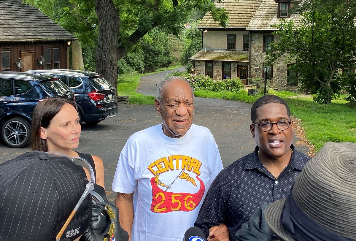 1326342870 CHELTENHAM, PENNSYLVANIA - JUNE 30: (L-R) Attorney Jennifer Bonjean, Bill Cosby, and spokesperson Andrew Wyatt speak outside of Bill Cosby's home on June 30, 2021 in Cheltenham, Pennsylvania. Bill Cosby was released from prison after court overturns his sex assault conviction. (Photo by Michael Abbott/Getty Images)