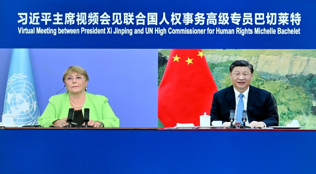 (220525) -- BEIJING, May 25, 2022 (Xinhua) -- Chinese President Xi Jinping holds a meeting with United Nations High Commissioner for Human Rights Michelle Bachelet via video link in Beijing, capital of China, May 25, 2022. (Xinhua/Yue Yuewei) (Photo by Yue Yuewei / XINHUA / Xinhua via AFP)