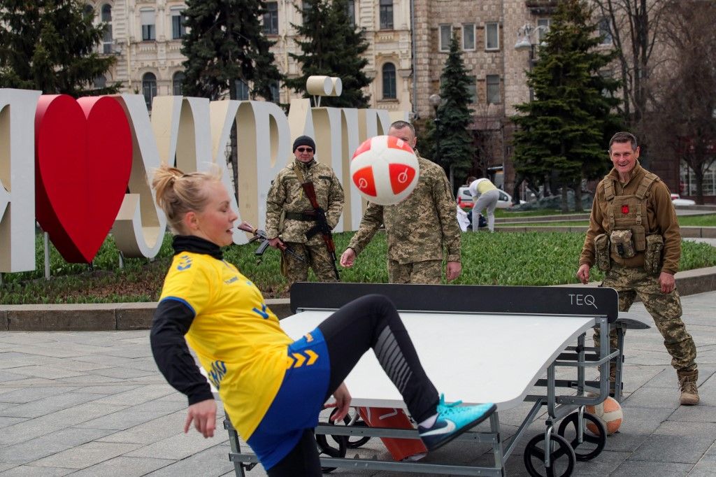 Territorial Defence Soldiers Play Teqball In Kyiv
