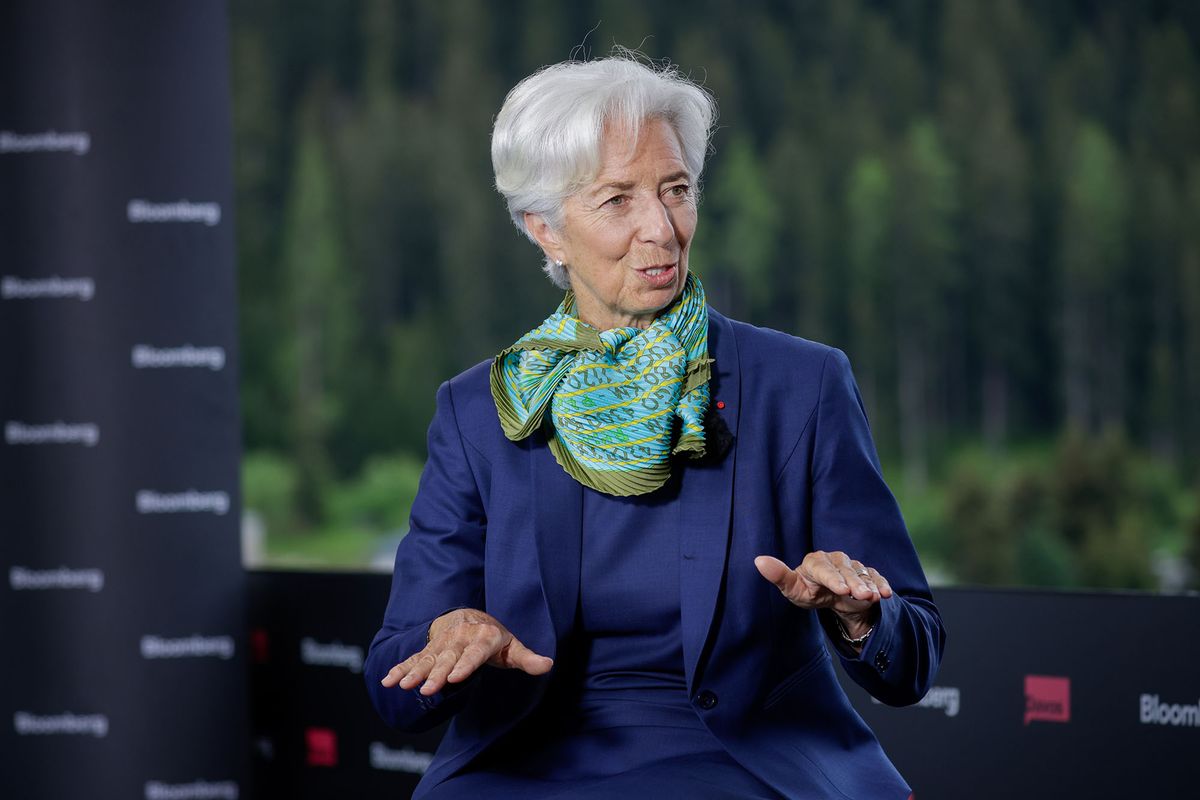 1240869645 Christine Lagarde, president of the European Central Bank (ECB), during a Bloomberg Television interview on day two of the World Economic Forum (WEF) in Davos, Switzerland, on Tuesday, May 24, 2022. The annual Davos gathering of political leaders, top executives and celebrities runs from May 22 to 26. Photographer: Jason Alden/Bloomberg via Getty Images