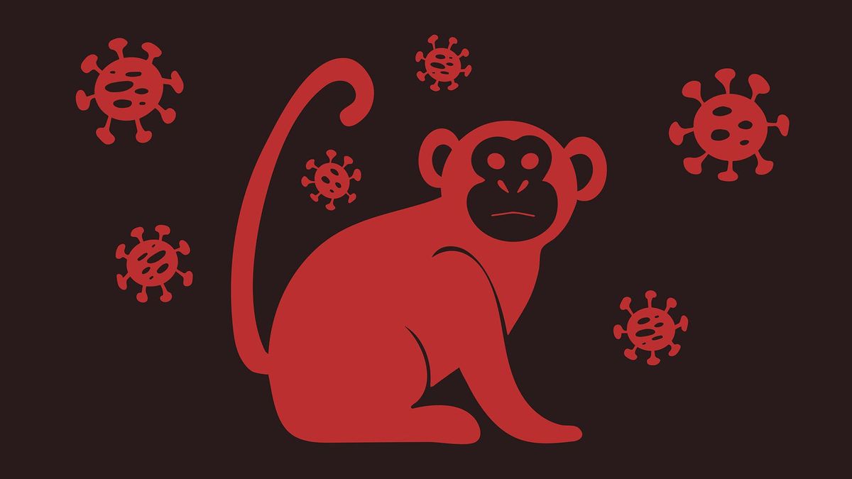 1399007397 Vector illustration of monkey icon with virus cells on dark background. new Monkeypox MPX 2022 virus - disease transmitted by monkey, ape in simple flat style isolated