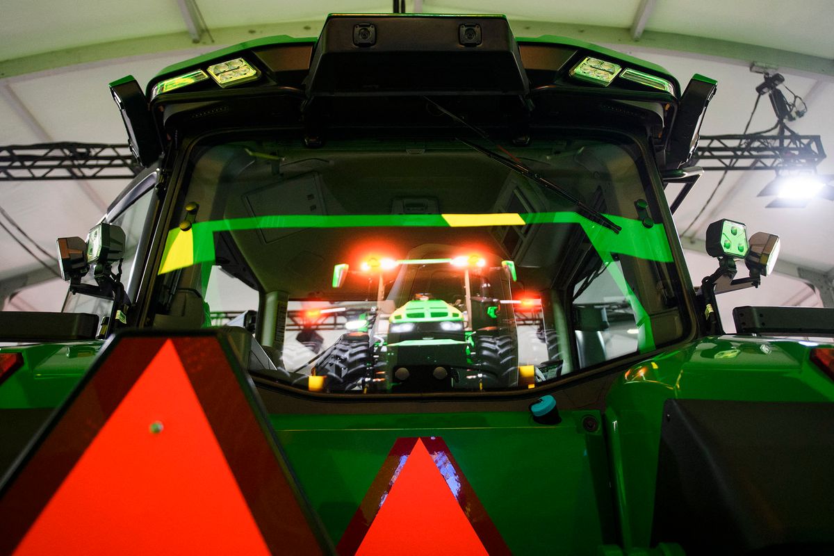Rear cameras on the Deer & Co. John Deere 8R fully autonomous tractor displayed ahead of the Consumer Electronics Show (CES) on January 4, 2022 in Las Vegas, Nevada. - Venerable American farm equipment manufacturer John Deere and French agricultural robot start-up Naio debuted their latest innovations at the Consumer Electronics Show, which began Wednesday in Las Vegas. Touted as a means to feed the world, John Deere combined its popular 8R tractor, a plow, GPS and 360-degree cameras to create a machine a farmer can control from a smartphone. (Photo by Patrick T. FALLON / AFP)