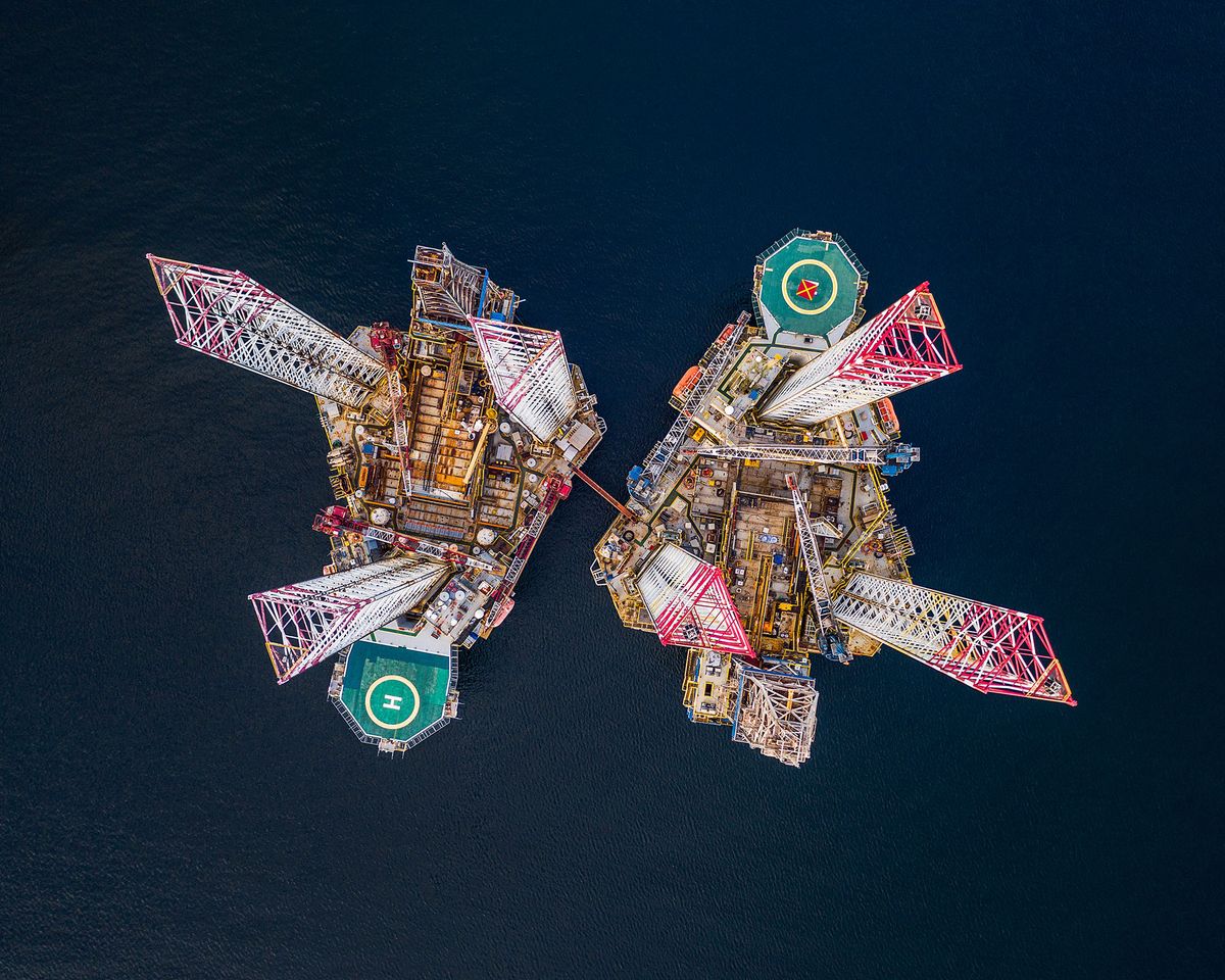 1265595129 Two drilling rigs photographed from directly above, Cromarty Firth, Scotland, United Kingdom