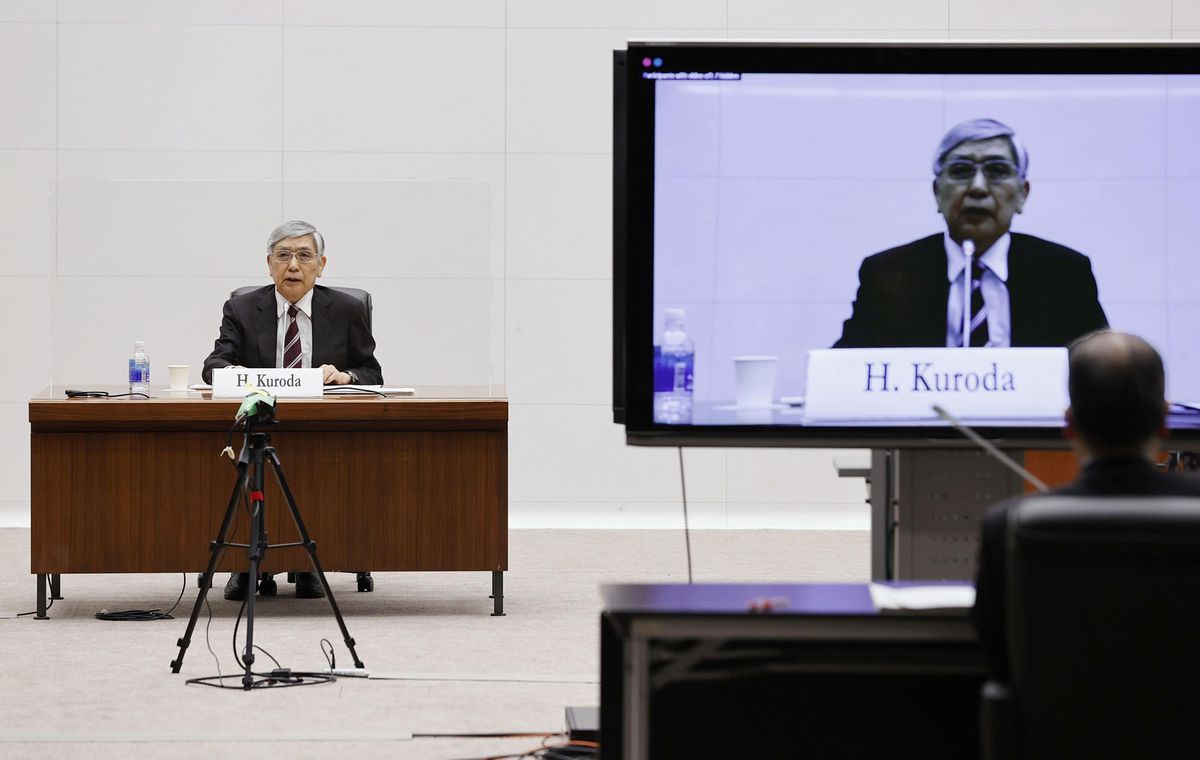 1240893352 Bank of Japan Governor Haruhiko Kuroda delivers a speech for an online event from the central bank's headquarters in Tokyo on May 25, 2022. (Photo by Kyodo News via Getty Images)
