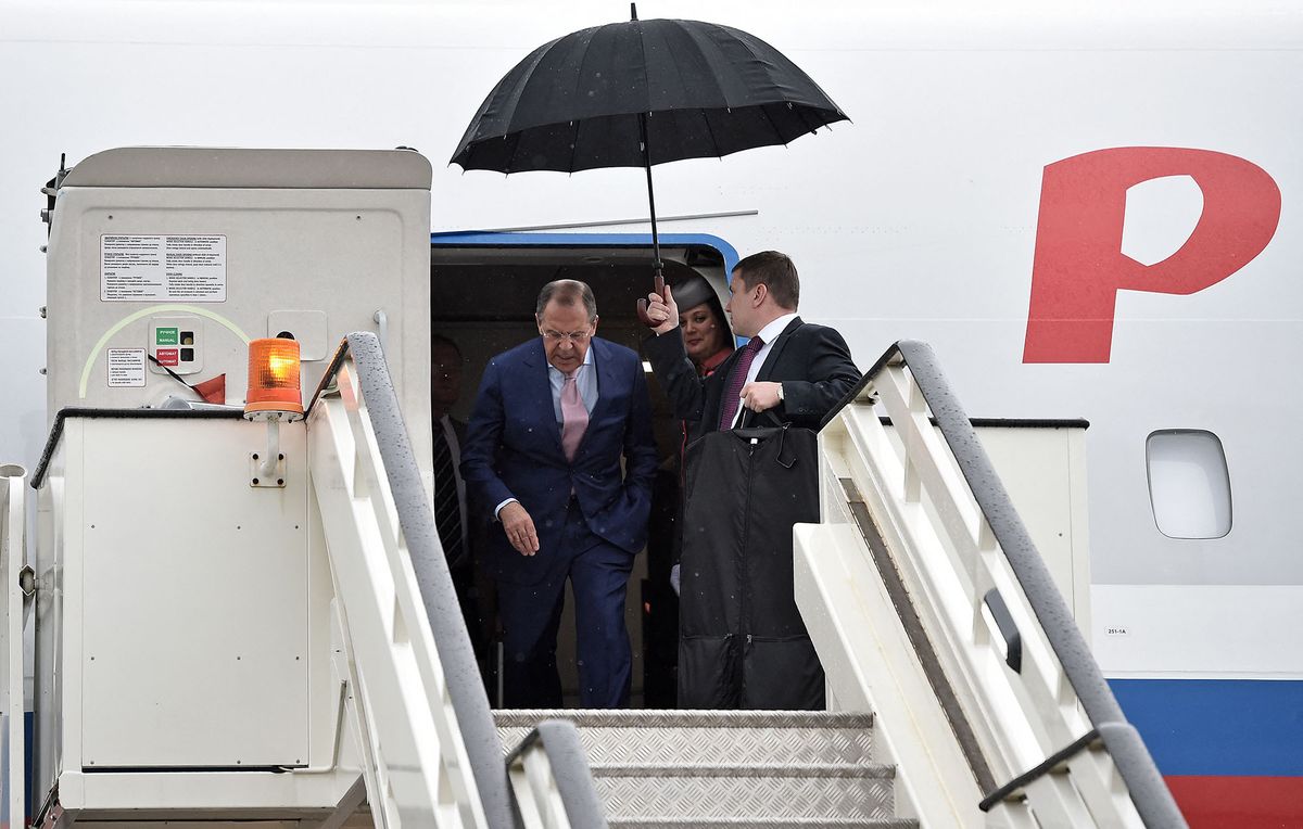 (FILES) In this file photo taken on June 16, 2014 Russian Foreign Minster Sergei Lavrov gets off the airplane at Belgrade's airport in Serbia, where he arrives for on a two day official visit. - Moscow denounced the "hostile" actions of several European countries after Russian Foreign Minister Sergei Lavrov was forced to cancel a visit to Serbia over airspace closures. (Photo by Andrej ISAKOVIC / AFP)