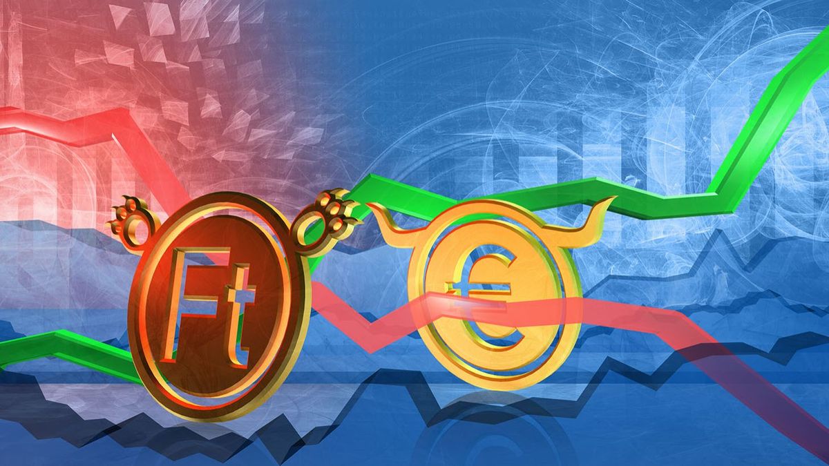 1400585152 Euró Forint árfolyam valuta currency exchange rate background. bullish position of euro to forint. money represented as golden coins. 3D illustration of forex trading