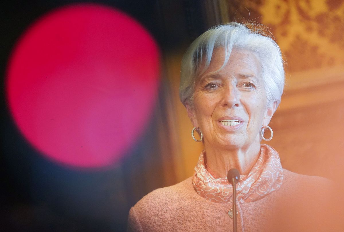 27 April 2022, Hamburg: Christine Lagarde, President of the European Central Bank, answers questions from media representatives after her meeting with Mayor Tschentscher at City Hall. Photo: Marcus Brandt/dpa (Photo by MARCUS BRANDT / DPA / dpa Picture-Alliance via AFP)