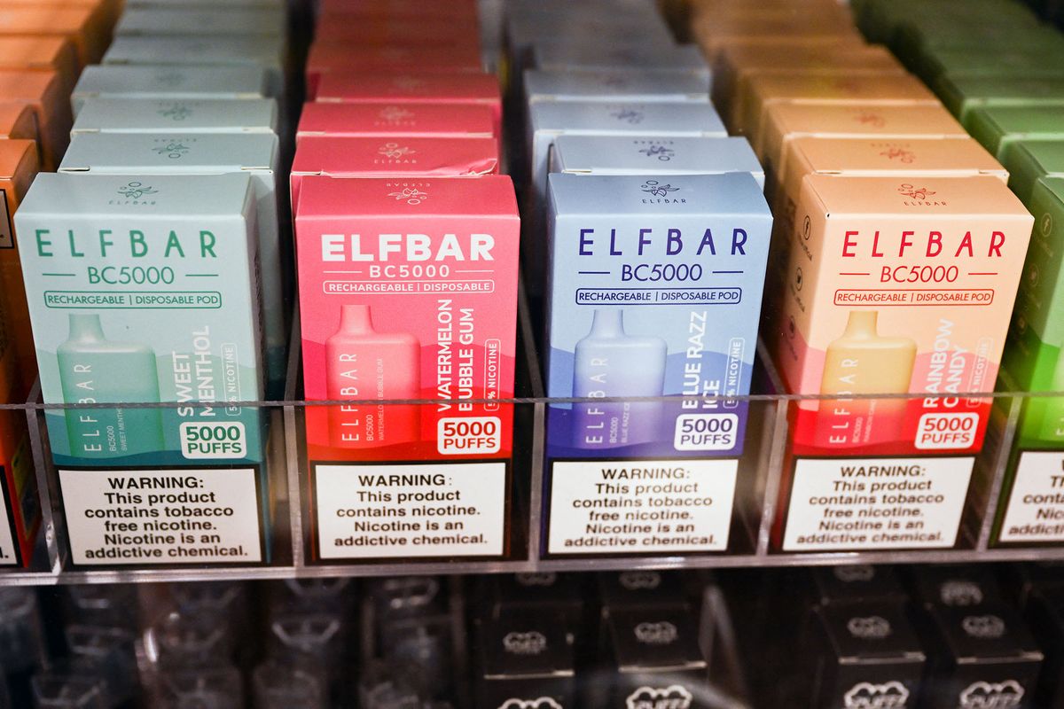 Elf Bar disposable vape flavored vaping e-cigarette products are displayed in a convenience store on June 23, 2022 in El Segundo, California. - Vaping company Juul Labs said Thursday it would appeal a decision by the US Food and Drug Administration ordering all its products off the market, a move the agency said was based on safety concerns. (Photo by Patrick T. FALLON / AFP)