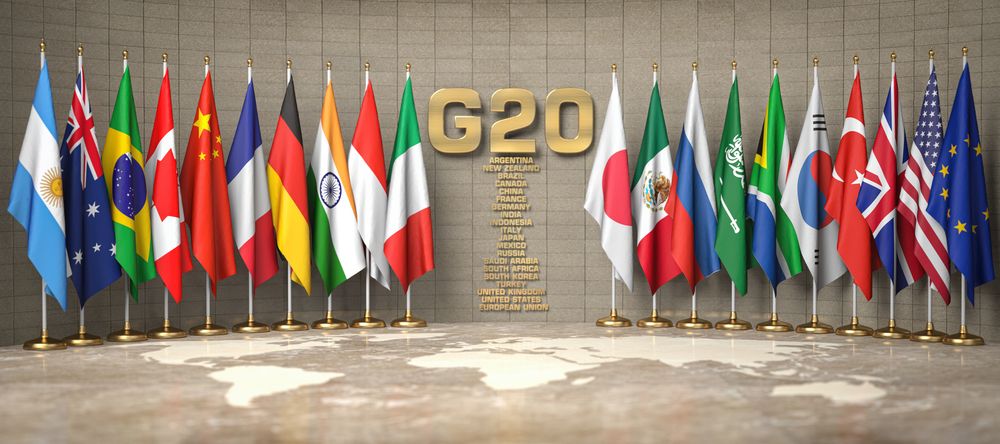 G20,Summit,Or,Meeting,Concept.,Row,From,Flags,Of,Members