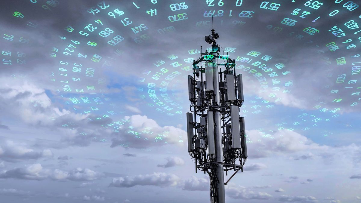 5G-hálózatokból eredő elektromágneses sugárzás telecommunication tower transmitting digits signals of cellular mobile 5g 4g 3g. Simulated radio waves