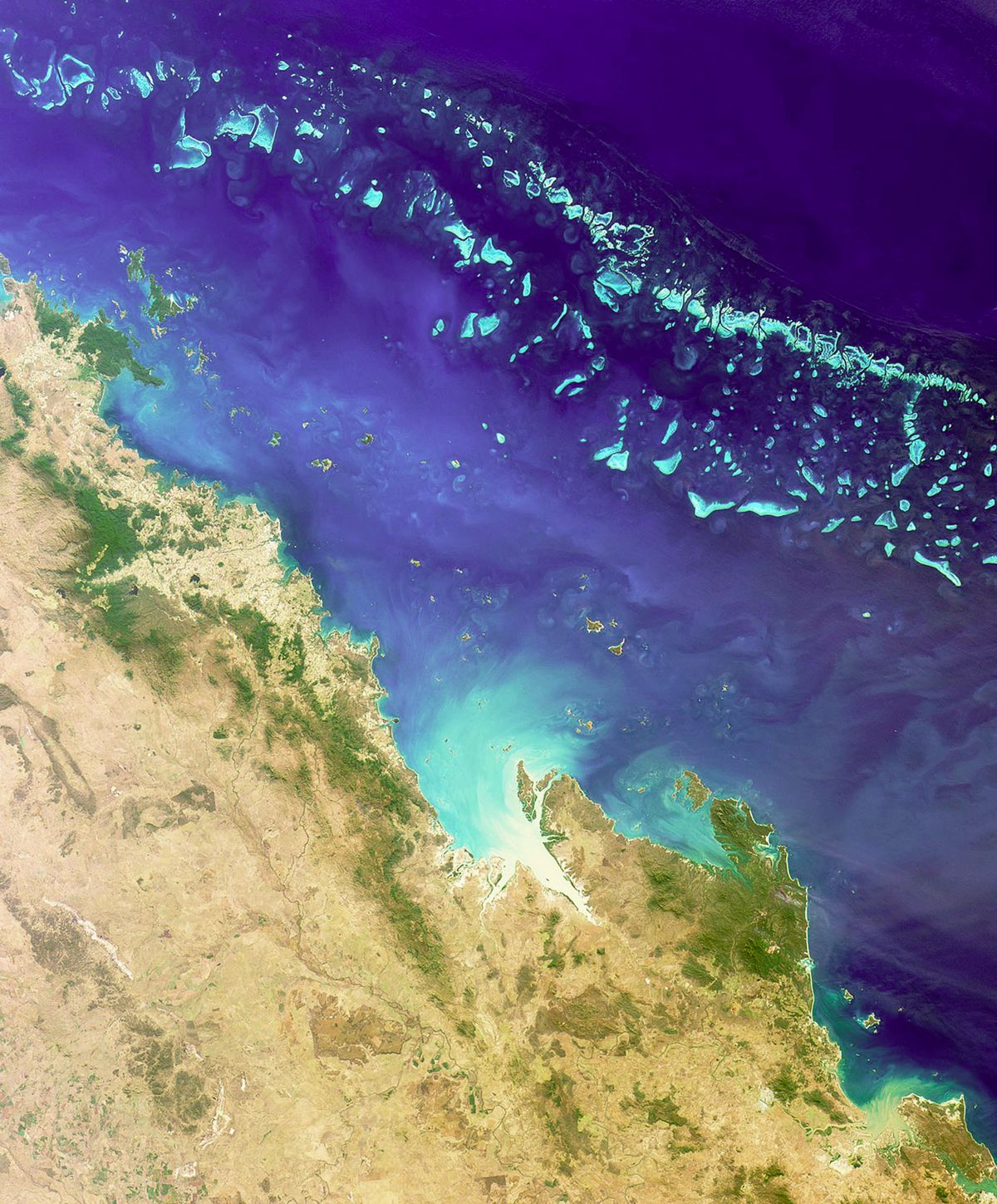 This image taken from NASA's Earth Obeservatory Internet site shows the Great Barrier Reef, that extends for 1,242 miles (2,000 km) along the northeastern coast of Australia. It is not a single reef, but a vast maze of reefs, passages, and coral cays (islands that are part of the reef). This true-color image was acquired by the Multi-angle Imaging Spectroradiometer (MISR) instrument on August 26, 2000, and shows part of the southern portion of the reef adjacent to the central Queensland coast. The width of the MISR swath is approximately 236 miles (380 kilometers), with the reef clearly visible up to approximately 124 miles (200 kilometers) from the coast. The large island off the most northerly part of the coast visible in this image is Whitsunday Island, with smaller islands and reefs extending southeast, parallel to the coast.  AFP PHOTO/ NASA (Photo by NASA / AFP)